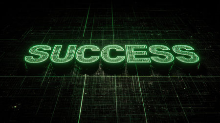 This captivating image features a glowing text of "SUCCESS" set against a digital grid background. The neon green lighting creates a modern and inspiring atmosphere, perfect for themes of achievement and motivation in business and personal growth.の素材