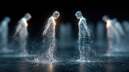 This artwork depicts ethereal human figures in a digital landscape, showcasing interaction and connection through glowing lines in a futuristic setting.の素材