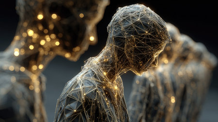 This captivating abstract art features interconnected figures made of glowing lines, representing emotions and human connection in a modern digital style.の素材