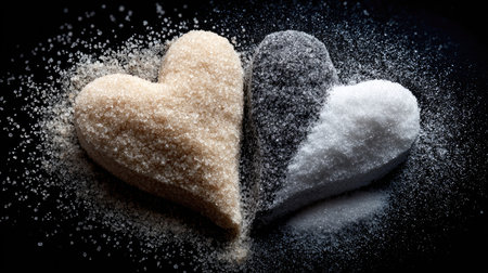 Artistic display of heart-shaped sugar varieties showcases the contrast between brown, black, and white sugars on a dark background, conveying sweetness and love.の素材