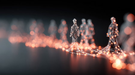 This captivating artwork features human figures rendered in a futuristic style, connected by glowing lines against a dark backdrop, symbolizing connection and technology.の素材