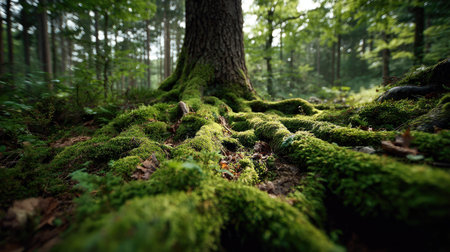 Explore a serene forest setting showcasing vibrant, moss-covered roots intertwining on the forest floor under soft sunlight, creating a peaceful and inviting atmosphere.の素材