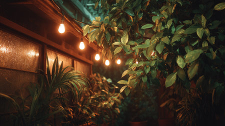 A picturesque indoor garden scene featuring glowing lights nestled among lush green plants, creating a serene and cozy atmosphere perfect for relaxation.の素材