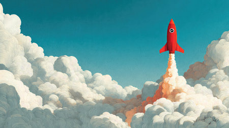 This whimsical illustration depicts a vibrant red rocket soaring high through fluffy clouds against a clear blue sky, symbolizing adventure and creativity.の素材