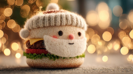 This delightful Santa burger toy brings joy to the holiday season with its cheerful face and cozy felt cap, making it an ideal decoration or gift.の素材