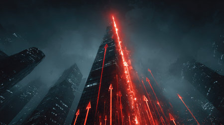 A captivating cityscape featuring towering skyscrapers illuminated by vibrant red beams of light piercing through the dark sky, creating a striking urban atmosphere.の素材