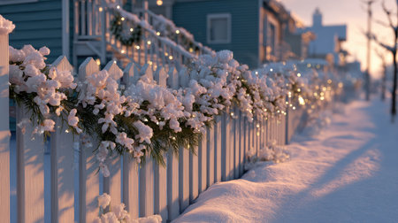 A picturesque snowy winter scene featuring a decorative fence adorned with flowers and lights, creating a cozy and festive atmosphere at dusk.の素材