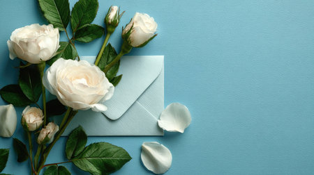 A serene composition featuring white roses and a soft blue envelope, perfect for invitations, love letters, or thoughtful notes, evoking a sense of elegance.の素材