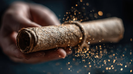 A close-up of a hand holding a vintage scroll, with shimmering particles swirling around, creating an enchanting and magical atmosphere.の素材