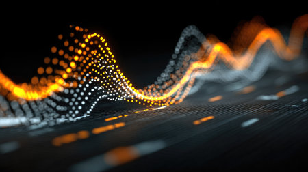 A mesmerizing abstract digital wave pattern featuring vibrant orange and white colors, symbolizing technology, data visualization, and innovation.の素材