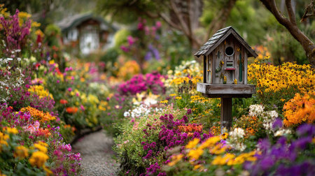 A vibrant flower garden showcases an array of colorful blooms alongside a charming wooden birdhouse. The inviting pathway leads through this serene outdoor space, perfect for relaxation and enjoyment of nature's beauty.の素材
