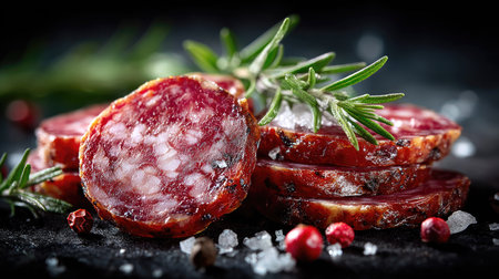 This image features beautifully arranged slices of cured sausage, complemented by fresh rosemary and sea salt, ideal for gourmet food presentations.の素材