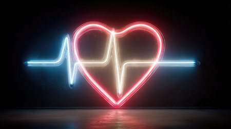 Captivating neon artwork featuring a heart and heartbeat line, perfect for conveying themes of love and health in a modern artistic setting.の素材