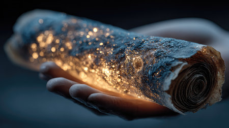A hand delicately holds an ancient scroll radiating glowing cosmic elements, creating an ethereal and magical atmosphere. Ideal for fantasy themes.の素材