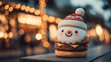 This charming image features a whimsical Santa-themed burger plush toy set against a backdrop of festive bokeh lights, embodying holiday cheer and creativity.の素材