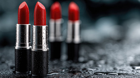 This stunning composition showcases glamorous red lipsticks adorned with water drops, set against a stylish surface, ideal for beauty enthusiasts.の素材