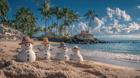 A whimsical scene featuring adorable snowmen built from sand along a tropical beach. Lush palm trees and a calm ocean add a unique contrast to winter themes.の素材