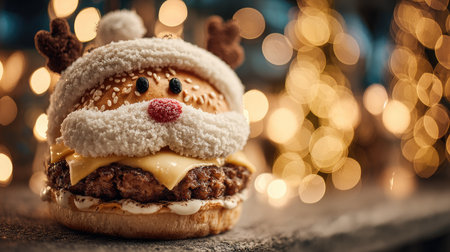 A whimsical hamburger decorated for the holiday season features a Santa theme, complete with festive details and a delightful bokeh background, perfect for celebrating.の素材
