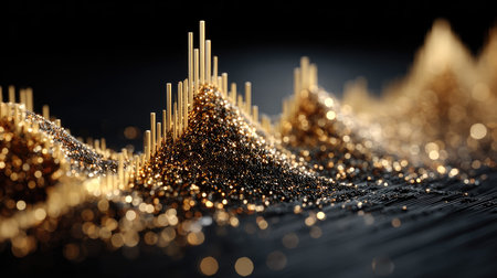 This abstract image features a stunning interplay of golden and black hues, showcasing sparkling particles and rising bars that evoke themes of data visualization and growth.の素材