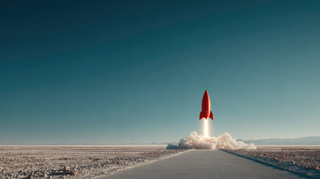 A vibrant red rocket ascends against a clear blue sky, kicking up dust and smoke in a barren landscape, symbolizing adventure and innovation.の素材