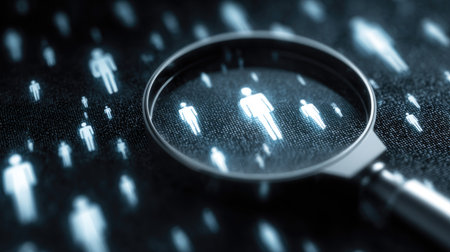 A magnifying glass highlights illuminated silhouettes of people in a digital space, symbolizing research, analysis, and insights in modern technology.の素材