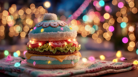 This charming festive burger ornament features playful bright colors, whimsical decorations, and twinkling lights, perfect for holiday cheer and creative decor.の素材