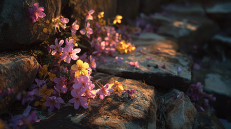 A serene scene featuring vibrant wildflowers blooming along a stone path, illuminated by golden hour sunlight, evoking tranquility and natural beauty.の素材
