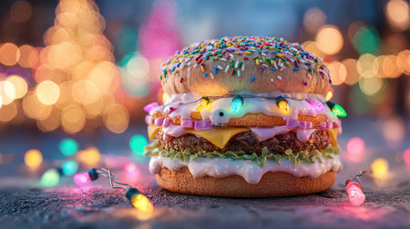 This vibrant festive hamburger features colorful sprinkles and twinkling Christmas lights, perfect for adding joy to any holiday celebration.の素材