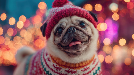 A cheerful pug wearing a colorful knitted sweater and hat smiles warmly against a backdrop of beautiful Christmas lights, embodying the festive spirit.の素材