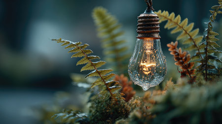 A rustic light bulb hangs delicately among lush ferns and soft moss in a serene forest at dusk, capturing a warm glow in a tranquil atmosphere.の素材