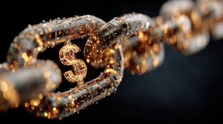 An artistic representation of a golden chain link featuring a dollar sign, highlighting themes of wealth, finance, and economic connection, ideal for financial projects.の素材