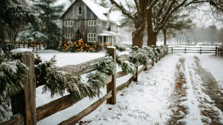 A picturesque winter scene showcasing a snowy pathway leading to a quaint house adorned with festive decorations and surrounded by majestic trees.の素材