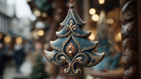 Capture the essence of the holiday season with this elegant ornament shaped like a Christmas tree. Featuring intricate designs in blue and gold, this handcrafted piece enhances any festive display.の素材