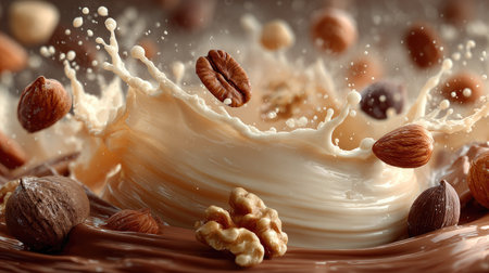 Captivating image showcasing a dynamic splash of milk and assorted nuts amidst chocolate and coffee elements, evoking a rich culinary experience.の素材