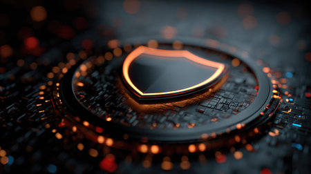This captivating image features an abstract shield logo set against a futuristic background filled with glowing lights and intricate patterns, symbolizing security and innovation.の素材