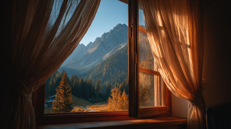 A cozy interior showing a beautiful mountain landscape through a window. The soft morning light enhances the warm ambiance, inviting tranquility.の素材