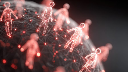 This digital artwork illustrates the concept of human connection in a networked world, using glowing figures and lines to represent interaction and unity.の素材