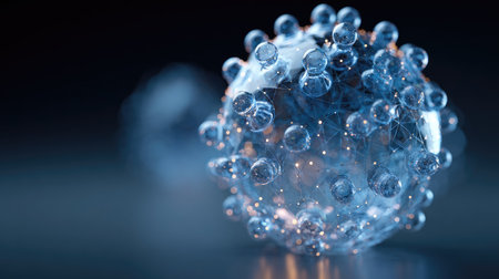 This striking 3D illustration showcases a complex virus structure, complete with glowing particles and intricate networks, ideal for scientific and educational use.の素材