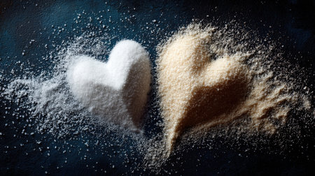 This image features heart shapes crafted from white and brown sugar, beautifully contrasting against a dark background, ideal for baking and culinary themes.の素材
