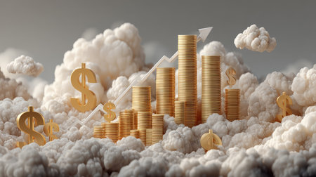 Captivating digital art illustrating stacks of gold coins and dollar signs surrounded by clouds, symbolizing financial growth and success, ideal for finance-related projects.の素材