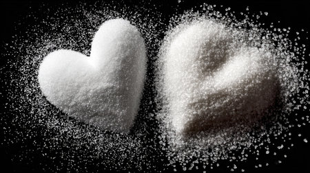Two heart-shaped forms created from sugar granules are surrounded by a scattering of sugar on a dark backdrop, symbolizing love and sweetness.の素材