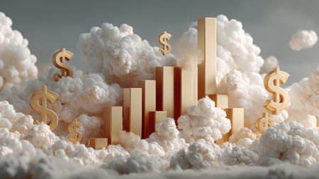 This artistic representation features golden bars and dollar signs arising from clouds, symbolizing growth and financial success, perfect for business themes.の素材