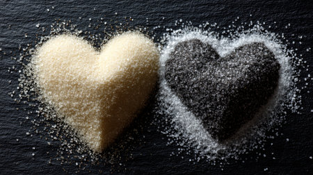 Two heart-shaped forms of sugar, one white and one black, set against a textured slate background. Ideal for themes of love, sweetness, and culinary creativity.の素材
