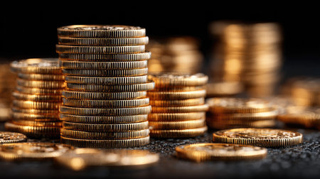 A captivating close-up of stacked gold coins evokes a sense of wealth and prosperity. The intricate textures and reflections highlight the richness of finance, perfect for commerce-related projects.の素材