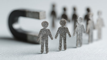 This creative image symbolizes attraction and influence, depicting a magnet drawing various human figures. The artwork illustrates connection, engagement, and motivation in a minimalist style.の素材