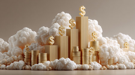 This artistic image features golden dollar signs and stacks of coins rising amidst fluffy clouds, symbolizing financial growth and prosperity in a creative manner.の素材