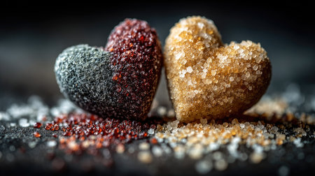 This image features two heart-shaped sugar formations, one black and one brown, surrounded by granulated sugar on a dark background, evoking themes of love and sweetness.の素材