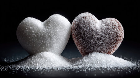 A captivating still life featuring heart-shaped sugar and brown sugar against a dark backdrop, perfect for culinary, baking, or romantic projects.の素材