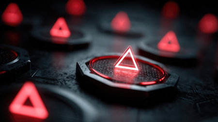 This captivating image features glowing red neon triangles set against a dark background, showcasing geometric shapes in a modern design. Perfect for digital art and technology themes.の素材