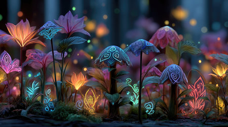 A stunning depiction of an enchanted garden featuring vibrant, glowing flowers in a mystical forest setting, surrounded by a serene atmosphere.の素材